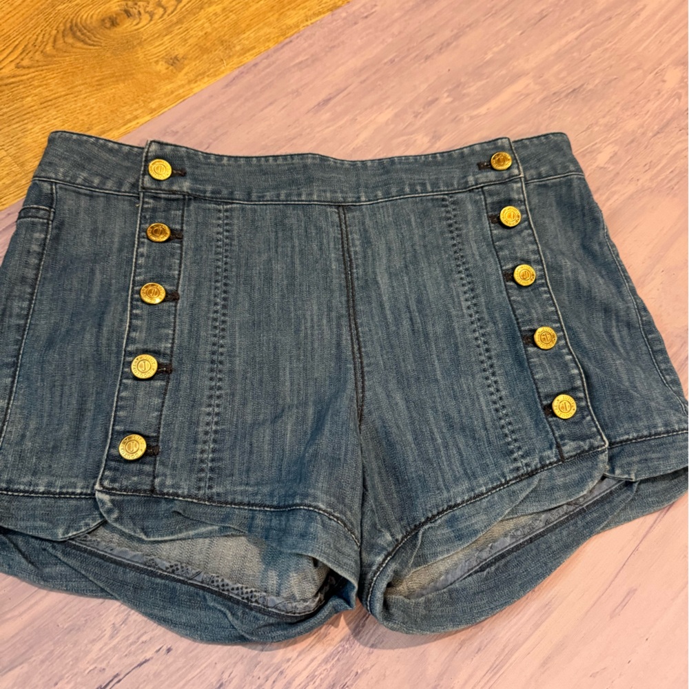 Juicy Couture Blue Denim High-Waist Sailor Shorts with Gold Buttons